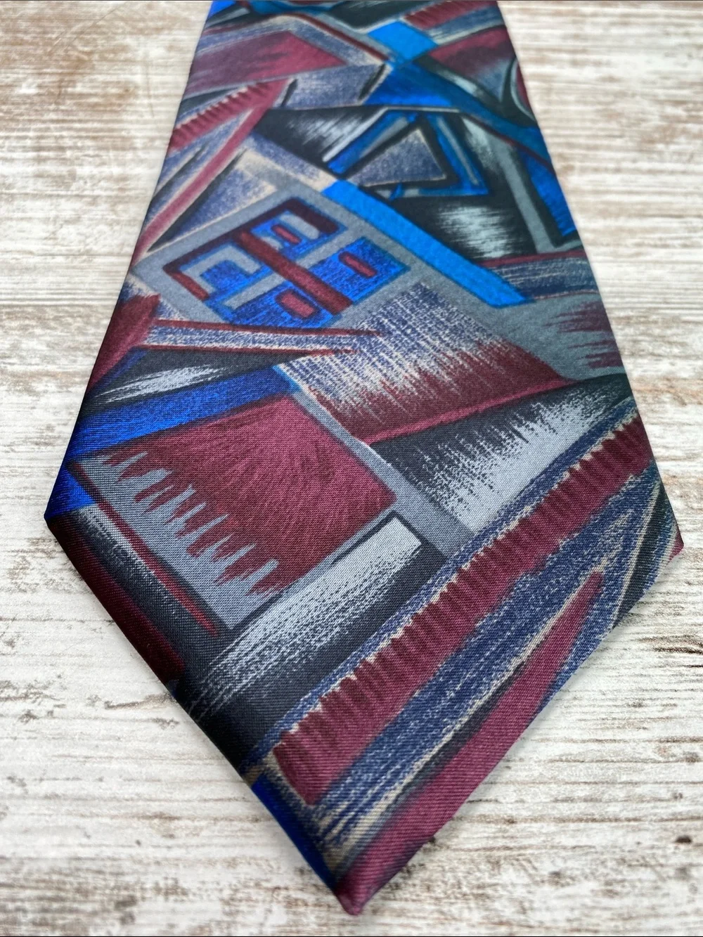 Vintage Allyn Saint George Abstract Geometric Tie Blue Burgundy Gray Wide 90s